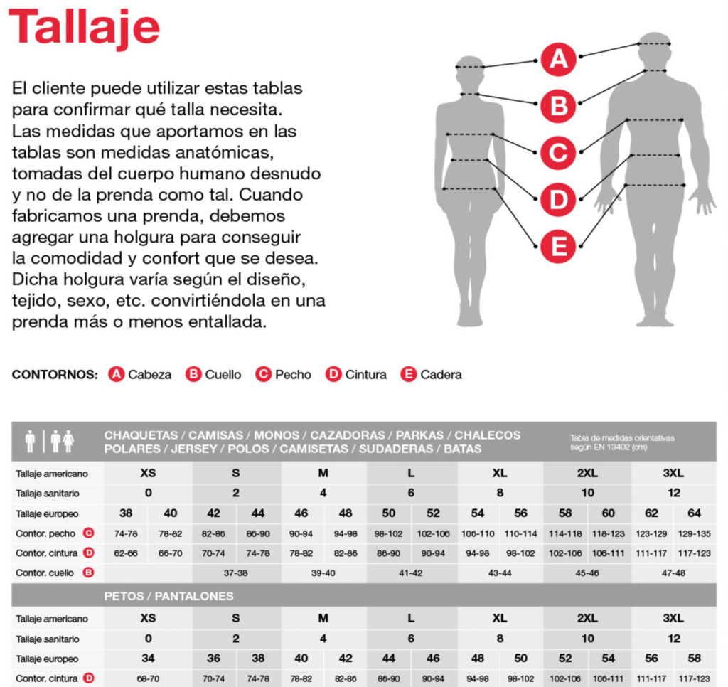 medidas de tallaje ropa laboral velilla